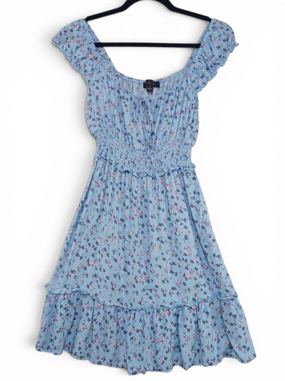 Smocked Blue Floral Midi Dress S Cottagecore Coquette Milkmaid Prairiee Babydoll
